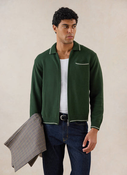 Gardner Dense Knit Zip Cardigan - Cotton - Forest Green - Percival