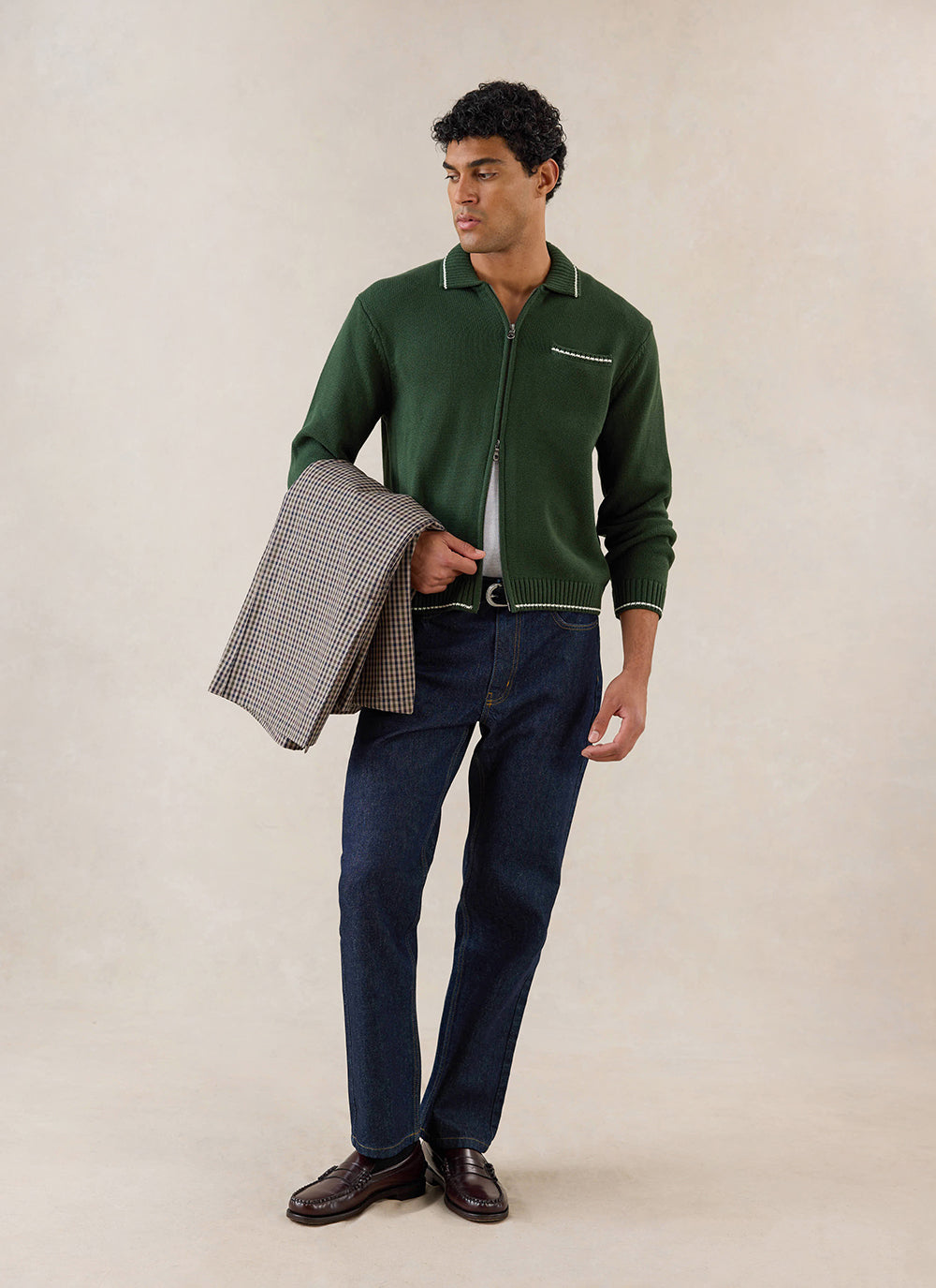 Gardner Dense Knit Zip Cardigan - Cotton - Forest Green - Percival