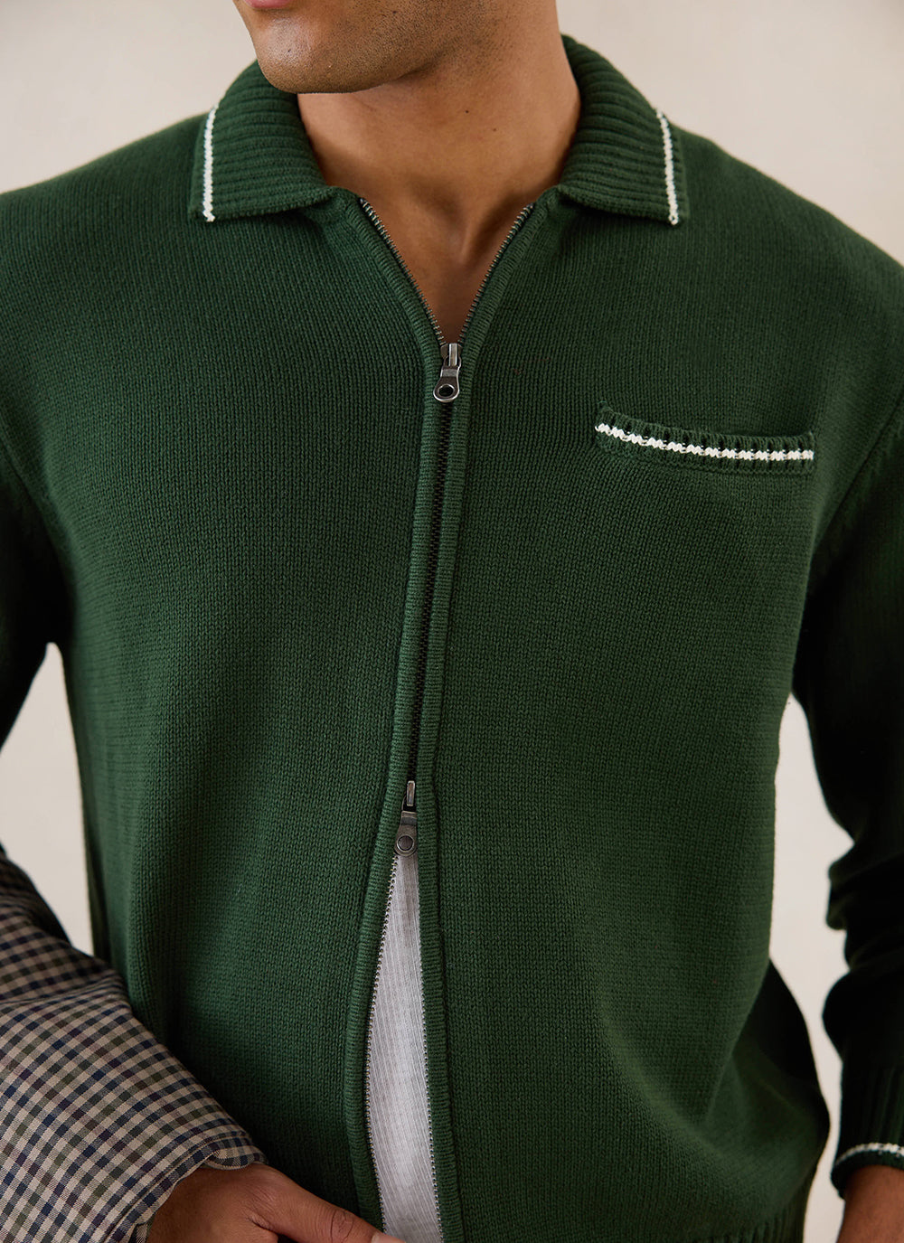 Gardner Dense Knit Zip Cardigan - Cotton - Forest Green - Percival