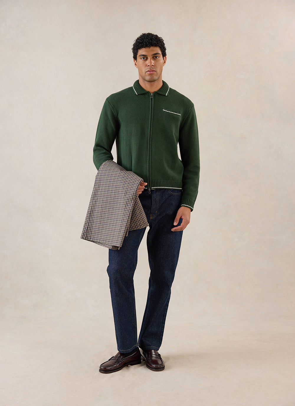 Gardner Dense Knit Zip Cardigan - Cotton - Forest Green - Percival