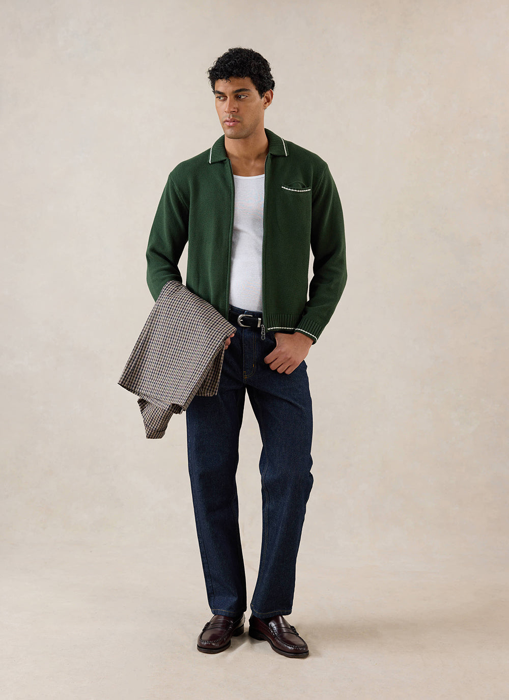 Gardner Dense Knit Zip Cardigan - Cotton - Forest Green - Percival