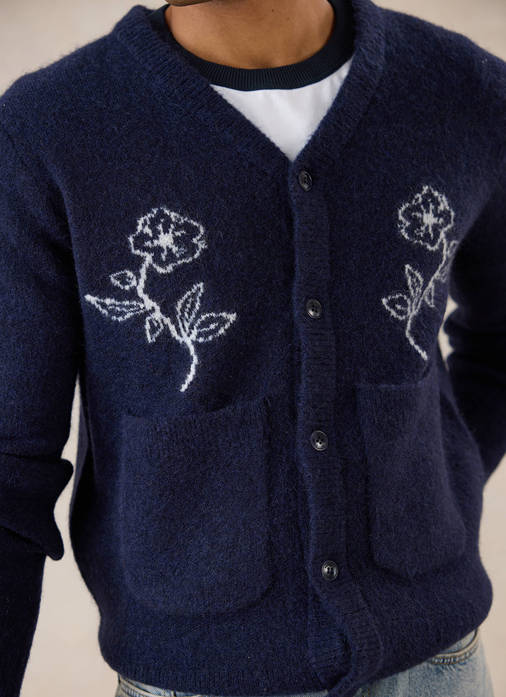 Gibson White Glove Jacquard Cardigan - Navy Mohair Wool - Percival