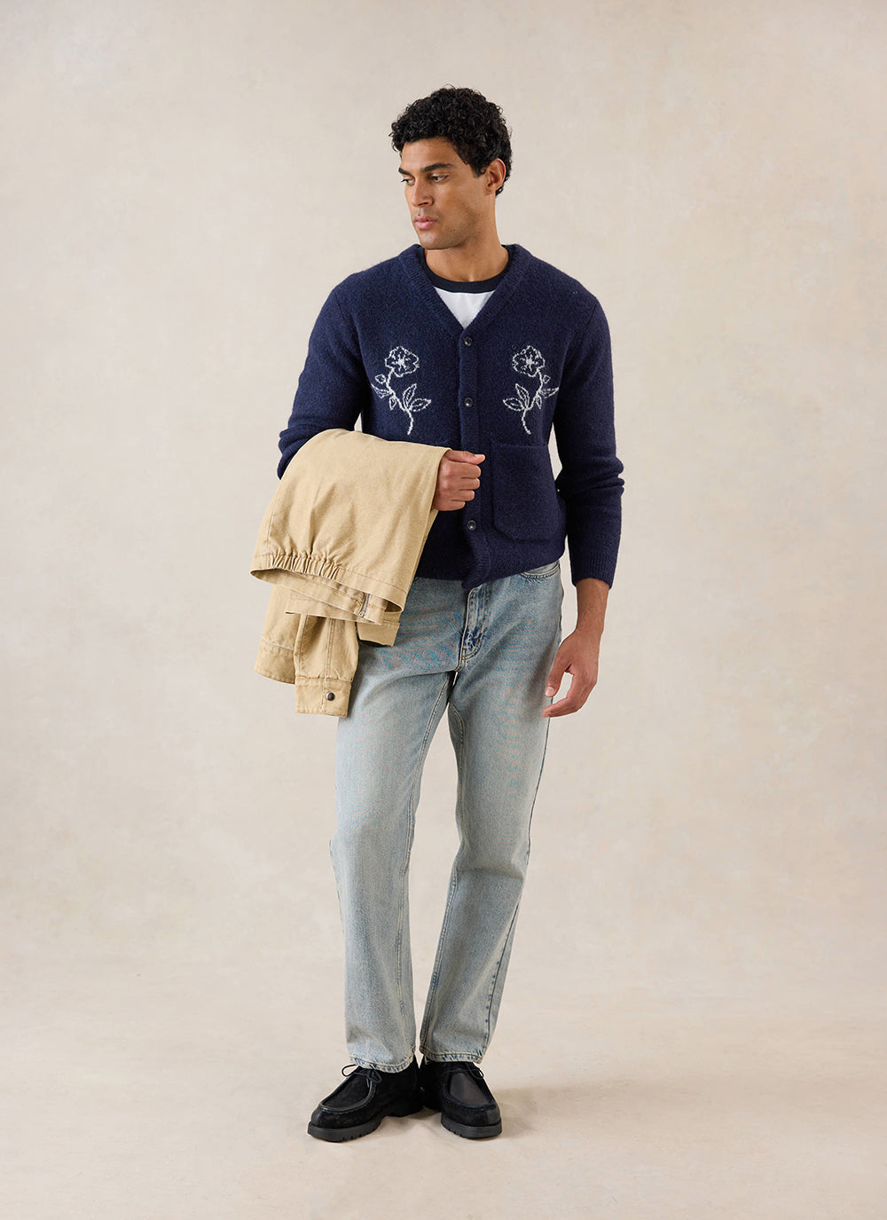 Gibson White Glove Jacquard Cardigan - Navy Mohair Wool - Percival