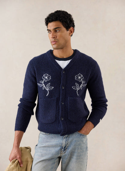 Gibson White Glove Jacquard Cardigan - Navy Mohair Wool - Percival
