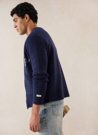 Gibson White Glove Jacquard Cardigan - Navy Mohair Wool - Percival
