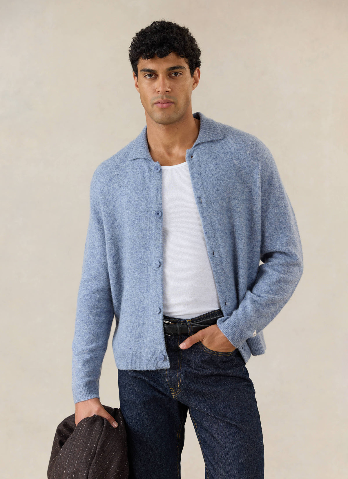 Men's Collared Knit Cardigan - Yak Wool Blend - Heather Blue - Percival