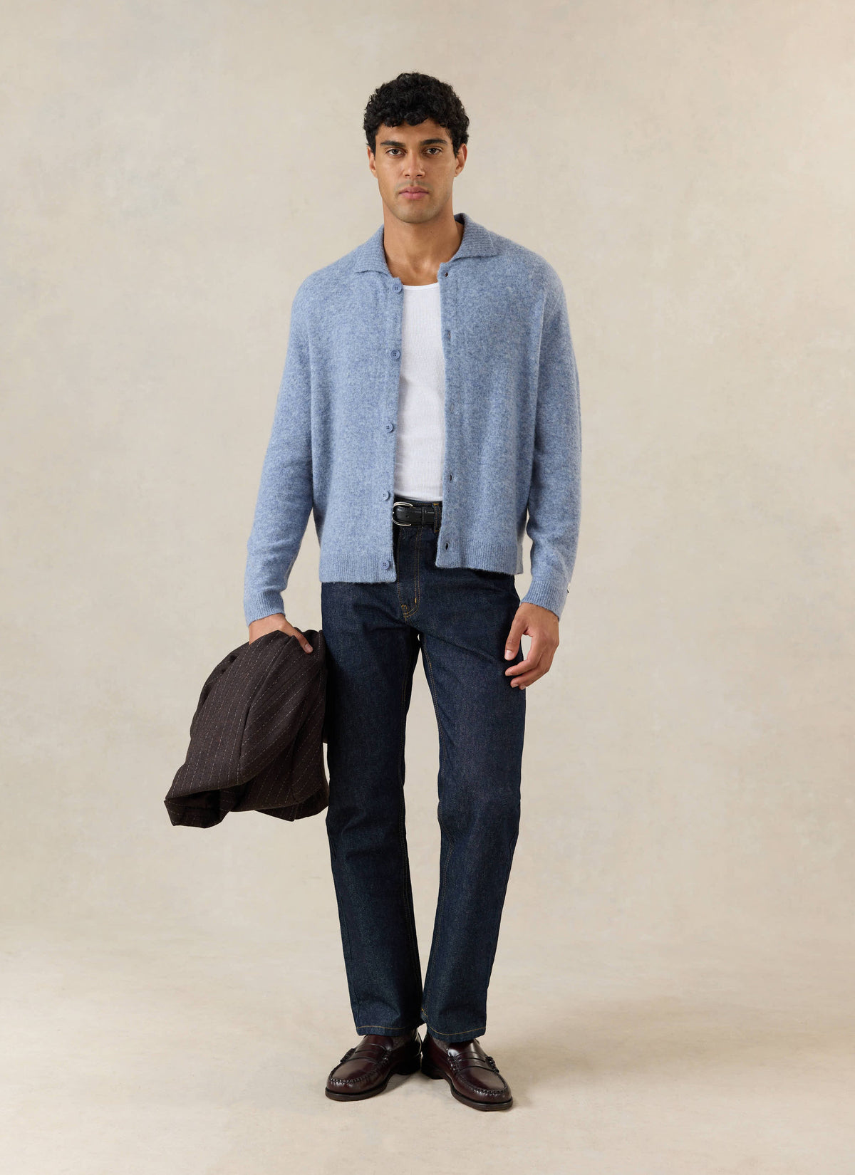Men's Collared Knit Cardigan - Yak Wool Blend - Heather Blue - Percival