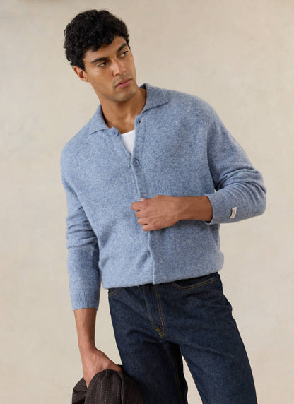 Men's Collared Knit Cardigan - Yak Wool Blend - Heather Blue - Percival