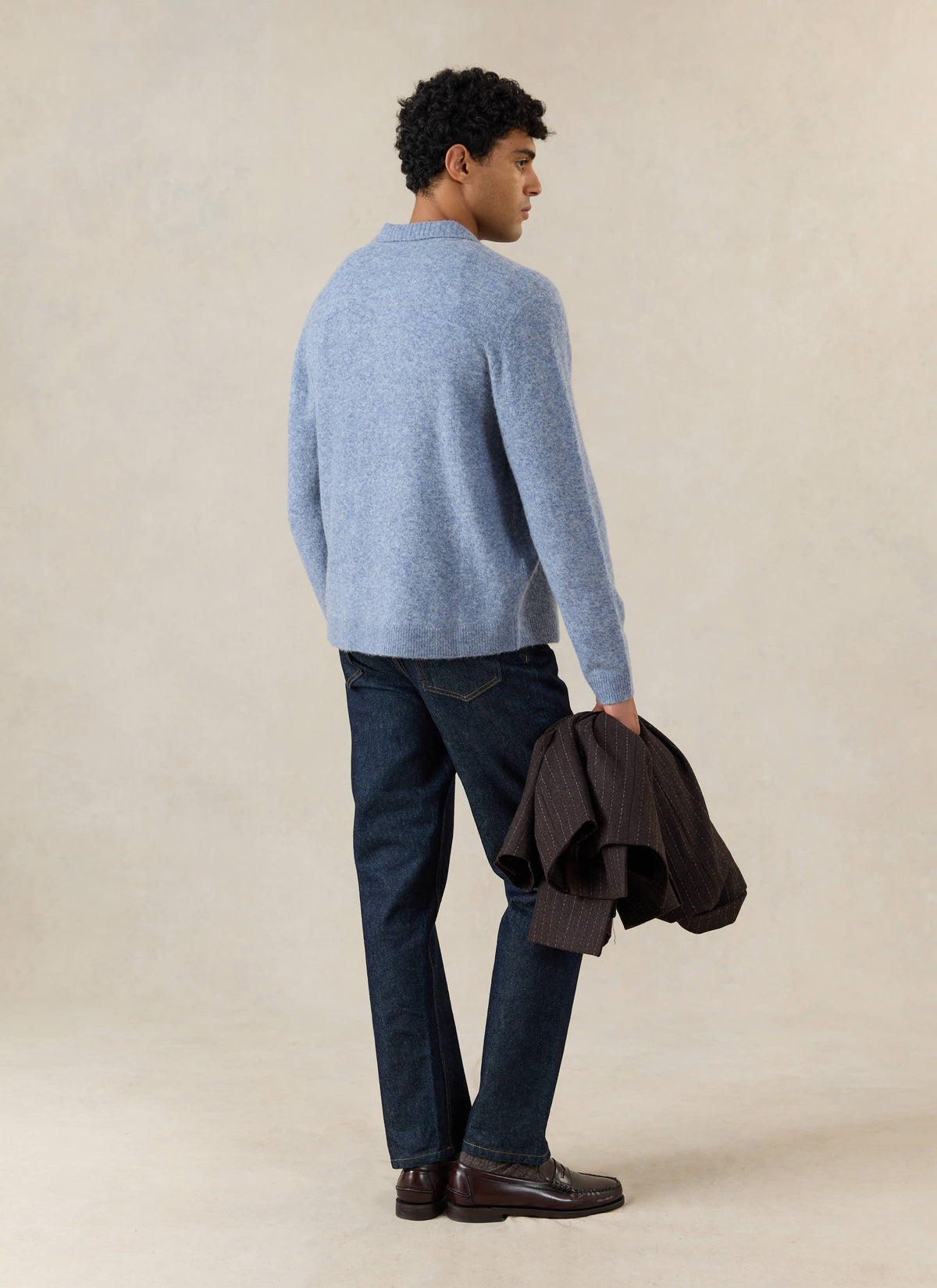 Men's Collared Knit Cardigan - Yak Wool Blend - Heather Blue - Percival