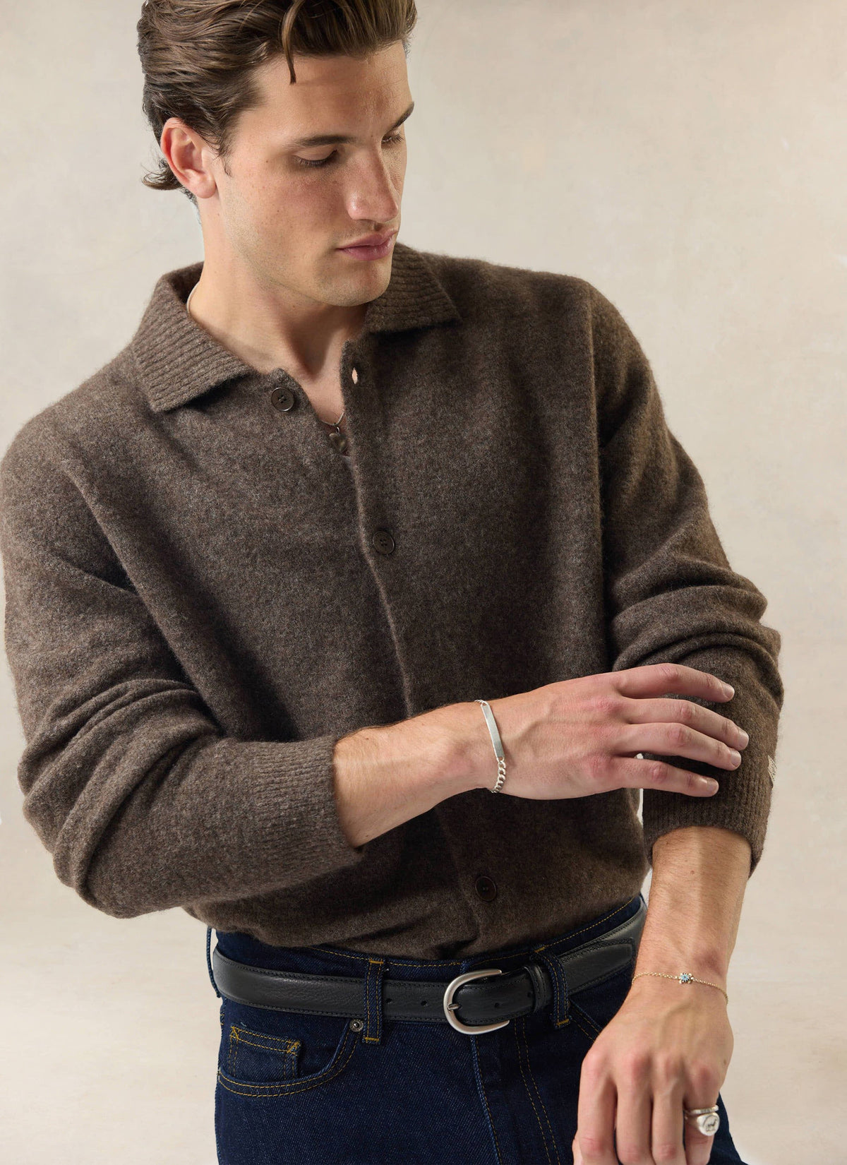 Men's Collared Knit Cardigan - Yak Wool Blend - Brown - Percival