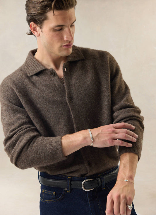 Men's Collared Knit Cardigan - Yak Wool Blend - Brown - Percival