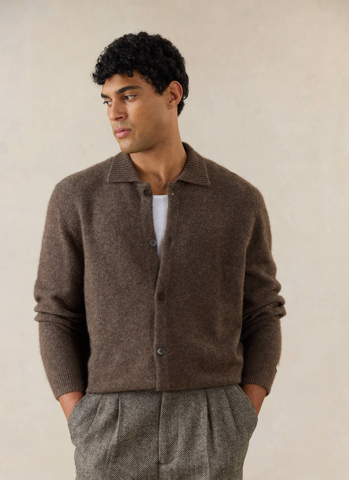 Men's Collared Knit Cardigan - Yak Wool Blend - Brown - Percival