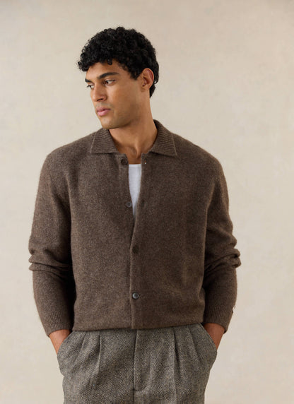 Men's Collared Knit Cardigan - Yak Wool Blend - Brown - Percival