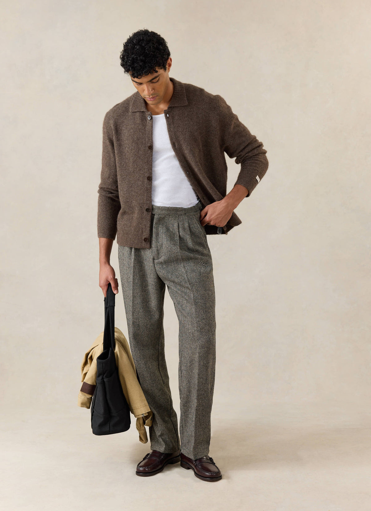 Men's Collared Knit Cardigan - Yak Wool Blend - Brown - Percival