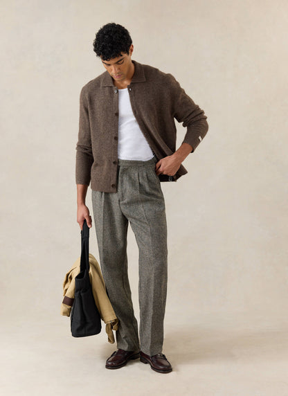 Men's Collared Knit Cardigan - Yak Wool Blend - Brown - Percival