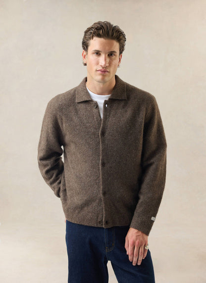 Men's Collared Knit Cardigan - Yak Wool Blend - Brown - Percival