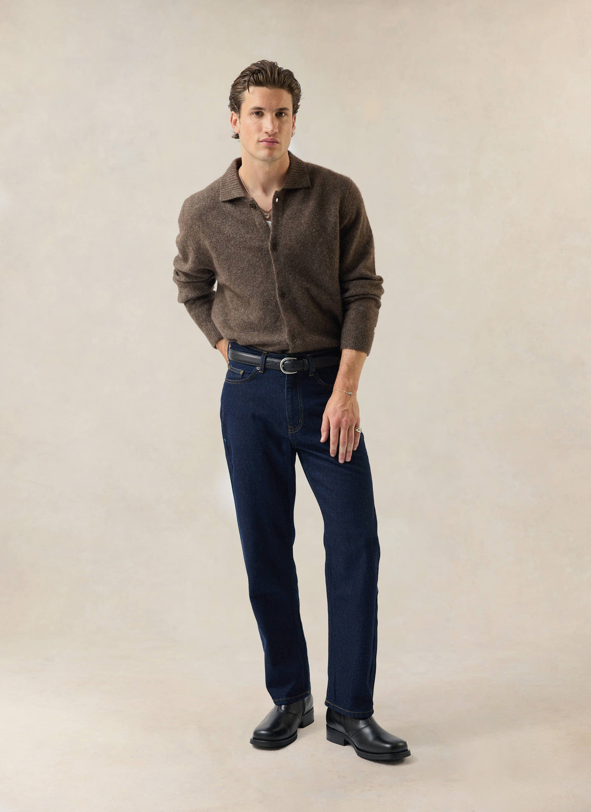 Men's Collared Knit Cardigan - Yak Wool Blend - Brown - Percival