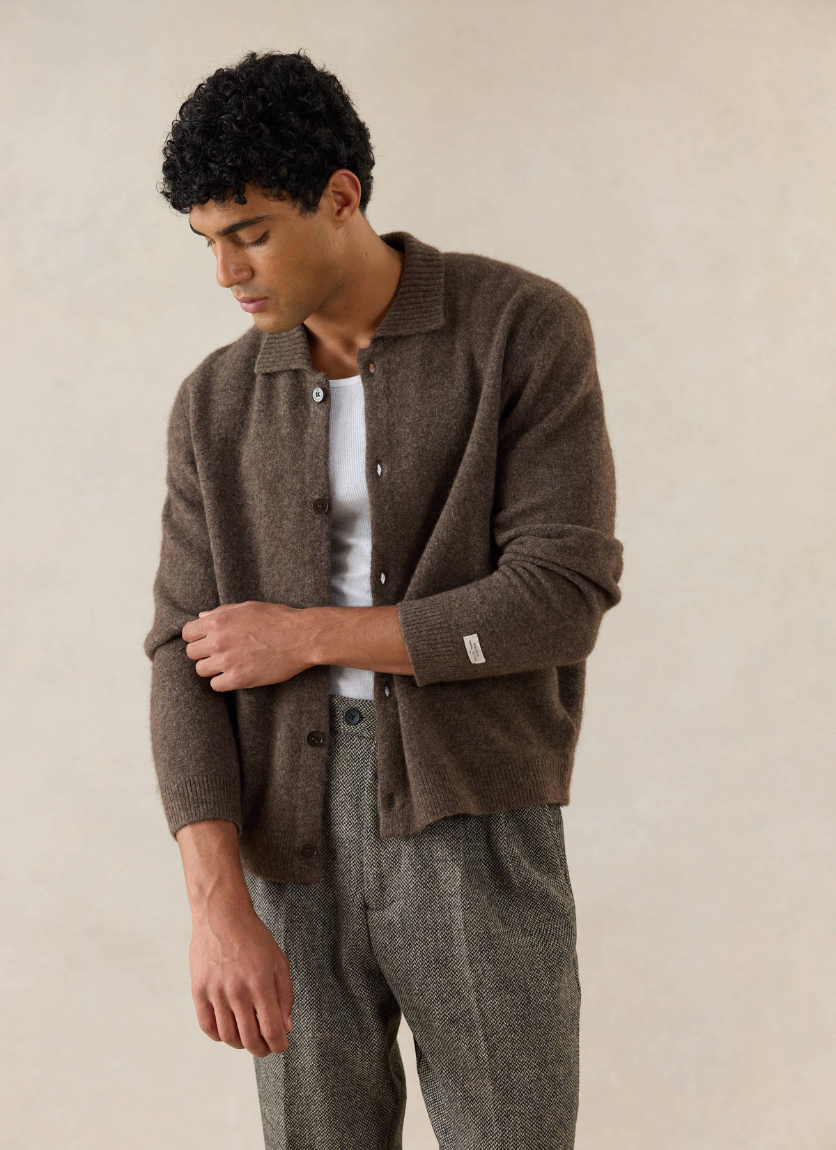 Men's Collared Knit Cardigan - Yak Wool Blend - Brown - Percival