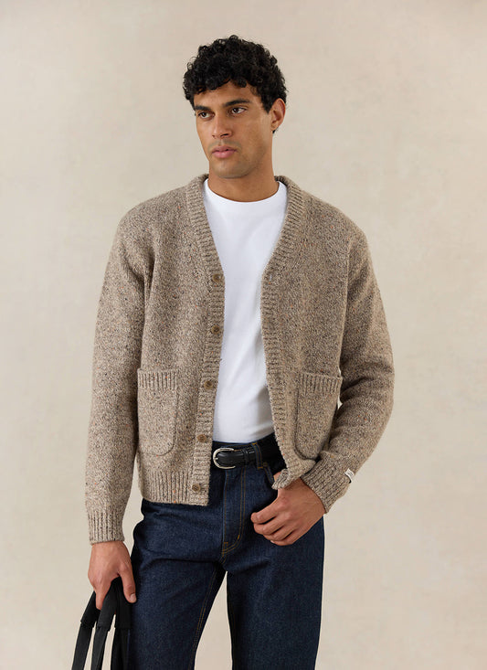 Men's V Neck Cardigan: Rhodes - Cotton Blend - Oak - Percival