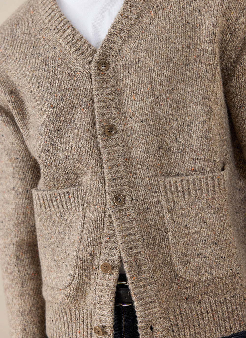 Men's V Neck Cardigan: Rhodes - Cotton Blend - Oak - Percival