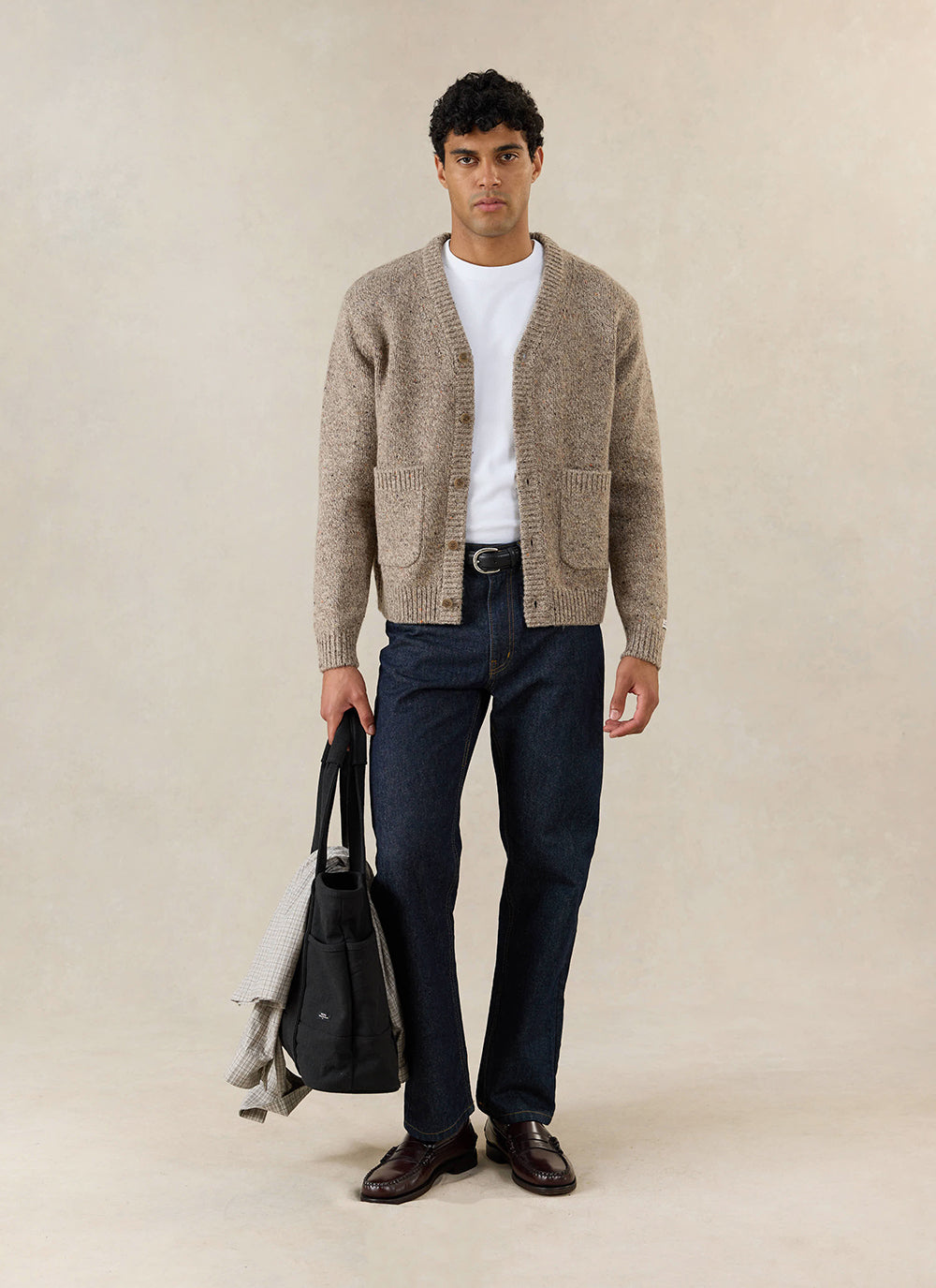 Men's V Neck Cardigan: Rhodes - Cotton Blend - Oak - Percival