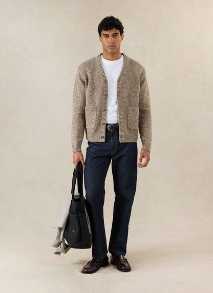 Men's V Neck Cardigan: Rhodes - Cotton Blend - Oak - Percival