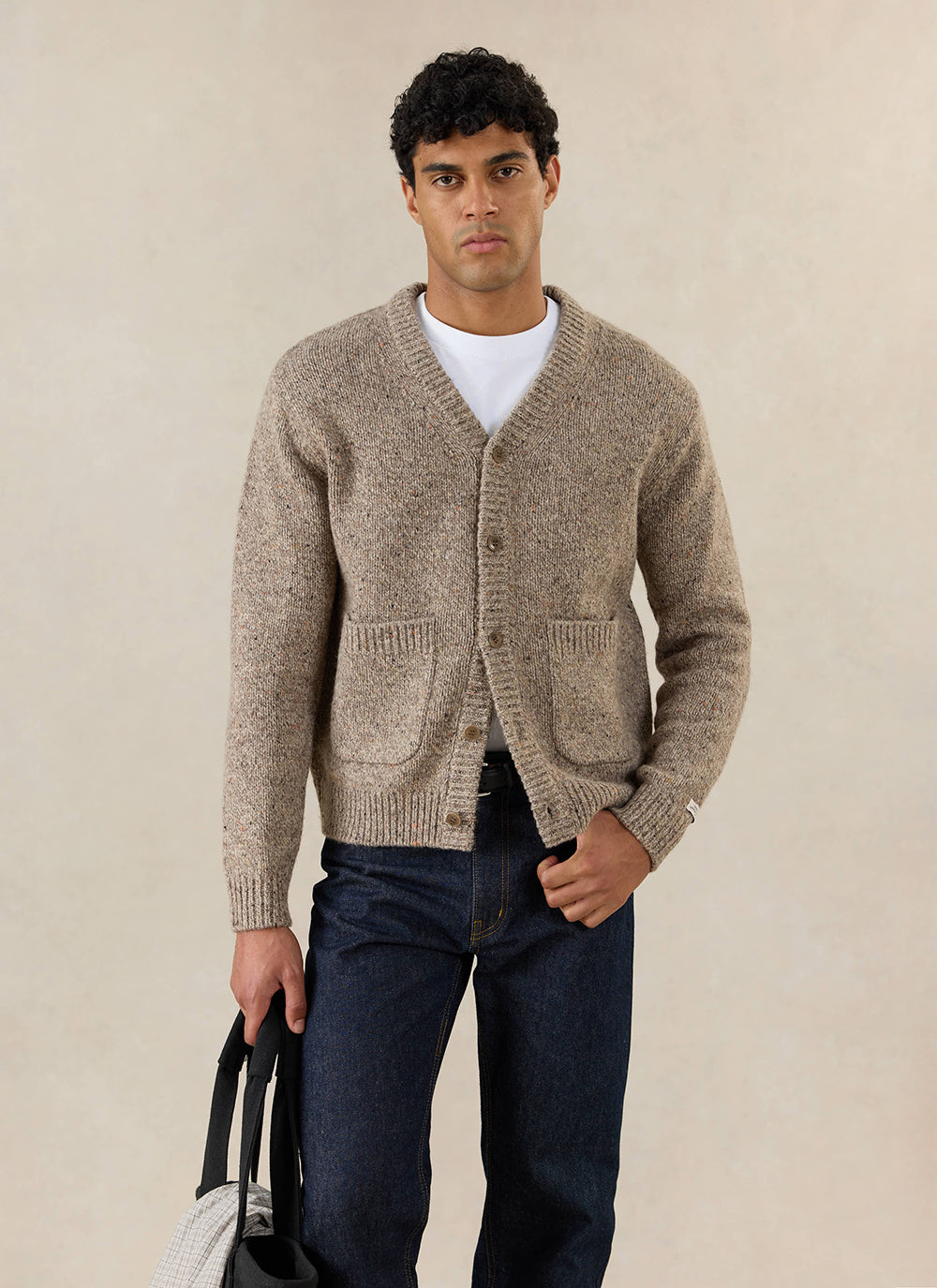 Men's V Neck Cardigan: Rhodes - Cotton Blend - Oak - Percival