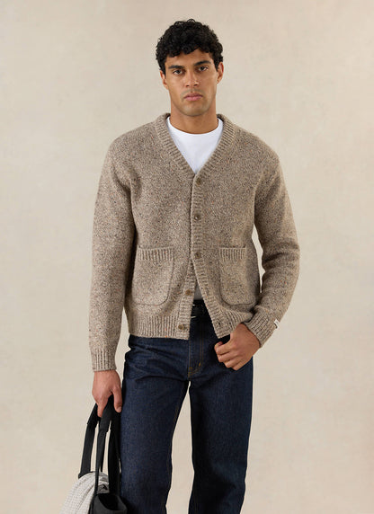 Men's V Neck Cardigan: Rhodes - Cotton Blend - Oak - Percival