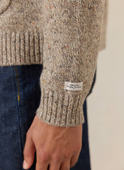 Men's V Neck Cardigan: Rhodes - Cotton Blend - Oak - Percival