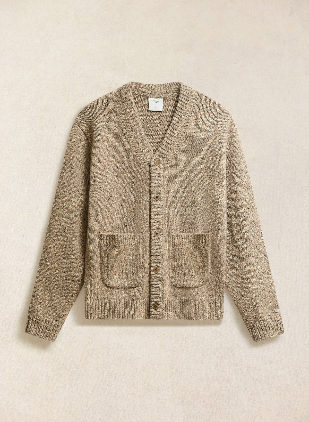 Men's V Neck Cardigan: Rhodes - Cotton Blend - Oak - Percival