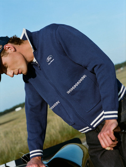 Men's Embroidered Zip Cardigan - Ford x Percival - Blue - Cotton