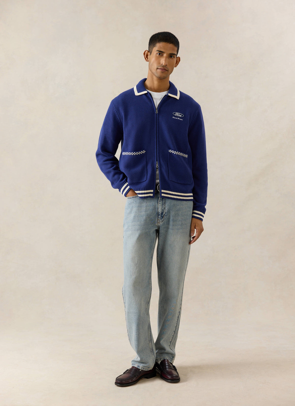 Men's Embroidered Zip Cardigan - Ford x Percival - Blue - Cotton