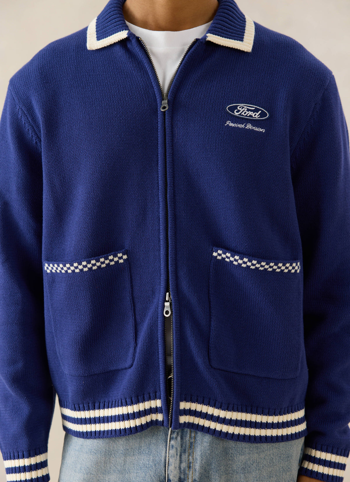 Men's Embroidered Zip Cardigan - Ford x Percival - Blue - Cotton