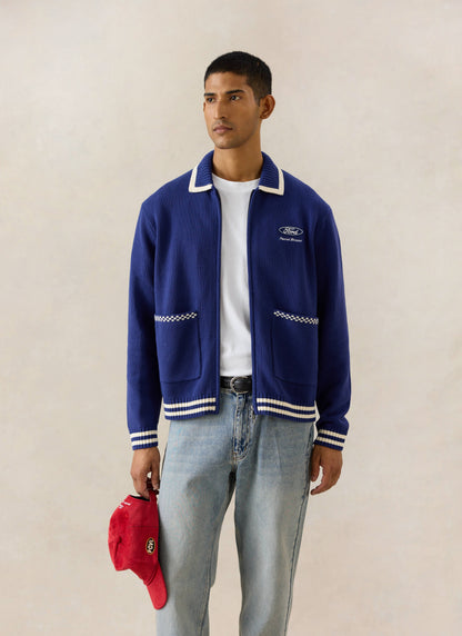 Men's Embroidered Zip Cardigan - Ford x Percival - Blue - Cotton