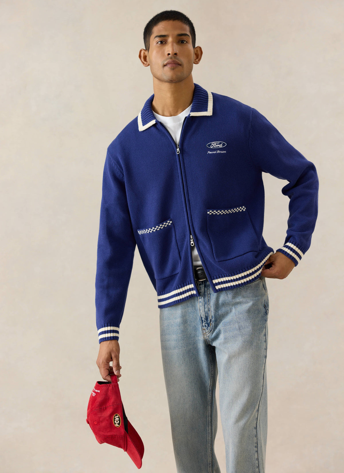 Men's Embroidered Zip Cardigan - Ford x Percival - Blue - Cotton