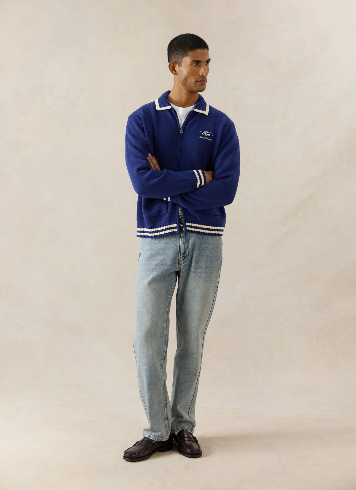 Men's Embroidered Zip Cardigan - Ford x Percival - Blue - Cotton