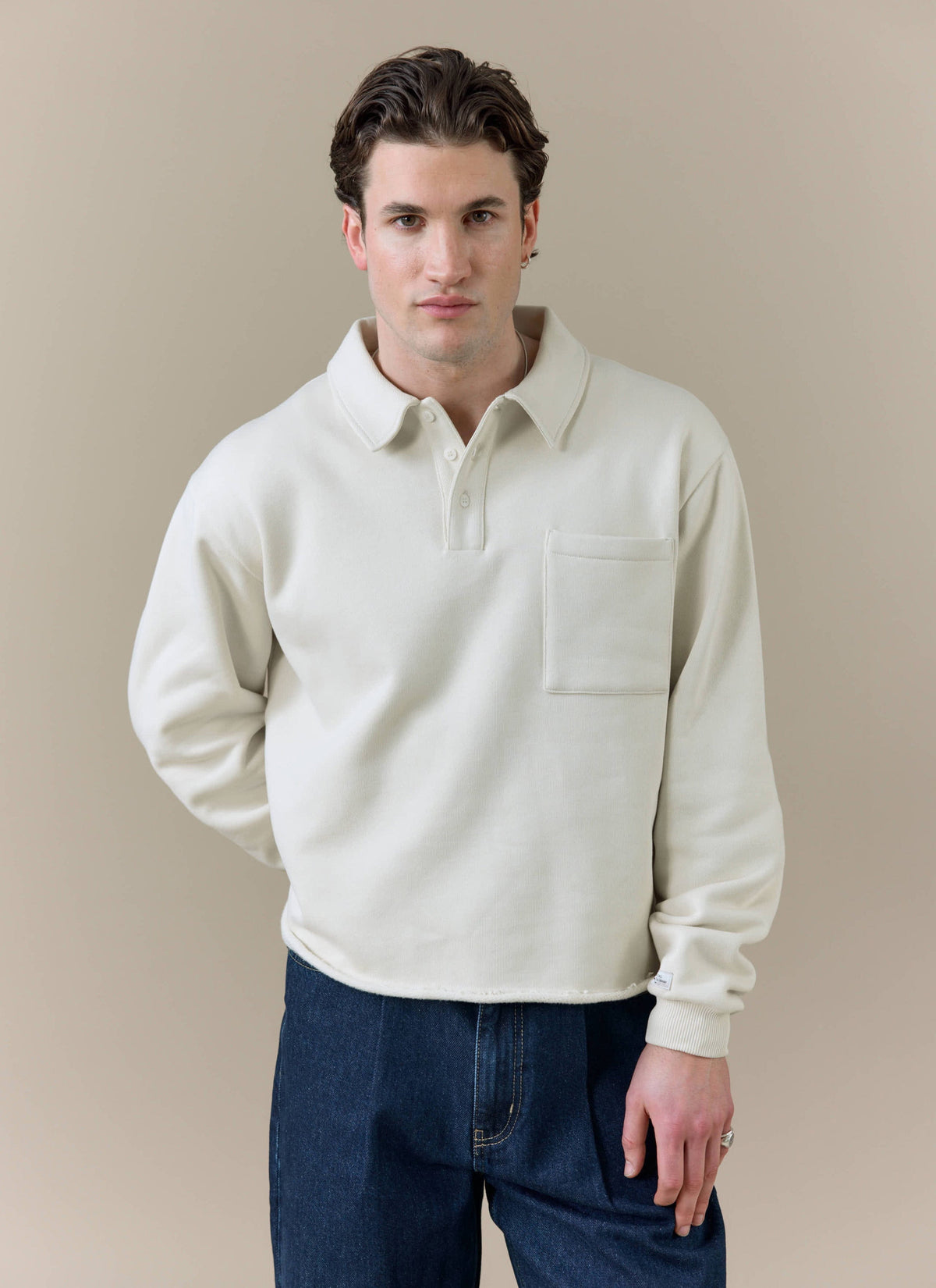 Men's Boxy Polo Sweatshirt - Cotton - Cream