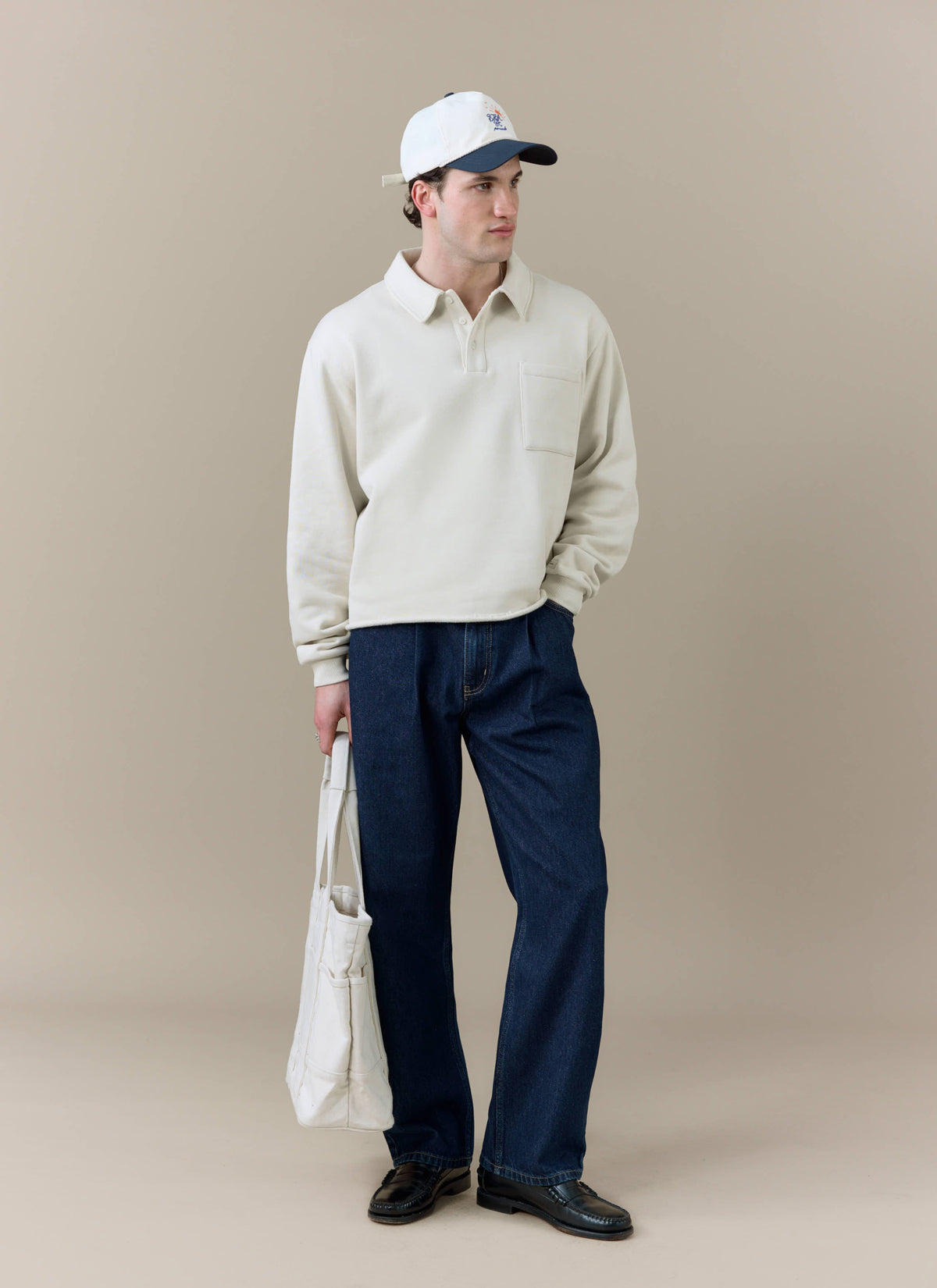 Men's Boxy Polo Sweatshirt - Cotton - Cream