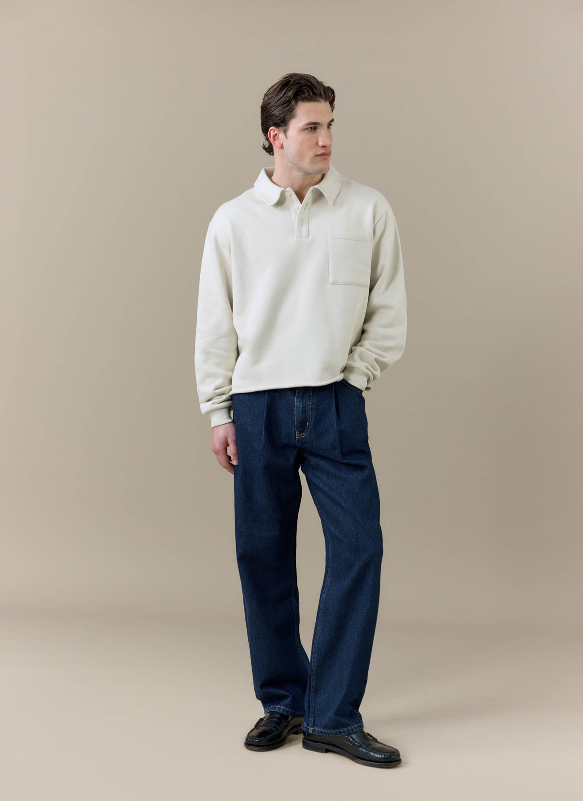 Men's Boxy Polo Sweatshirt - Cotton - Cream