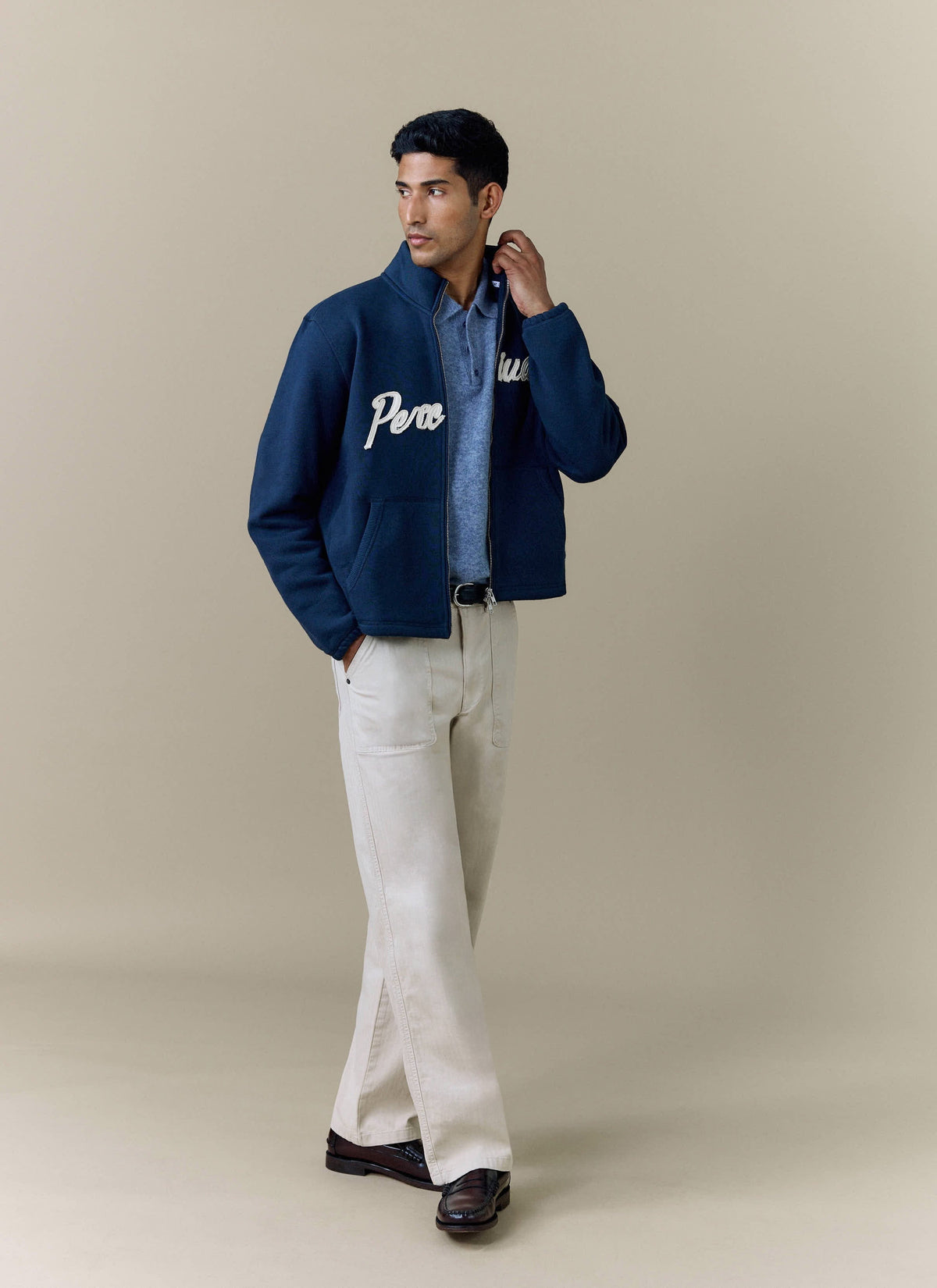 Men's Curtis Funnel Neck Zip Jumper - Cotton - Navy