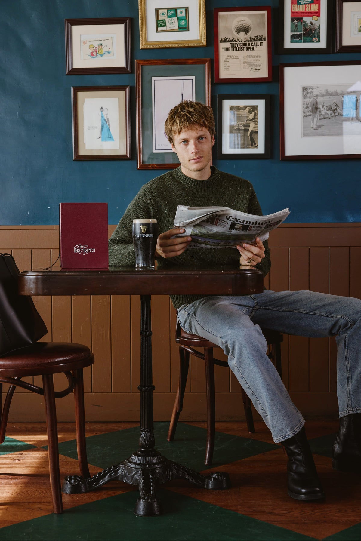Men's Forest Green Crew Neck Jumper - Rhodes - Cotton - Percival
