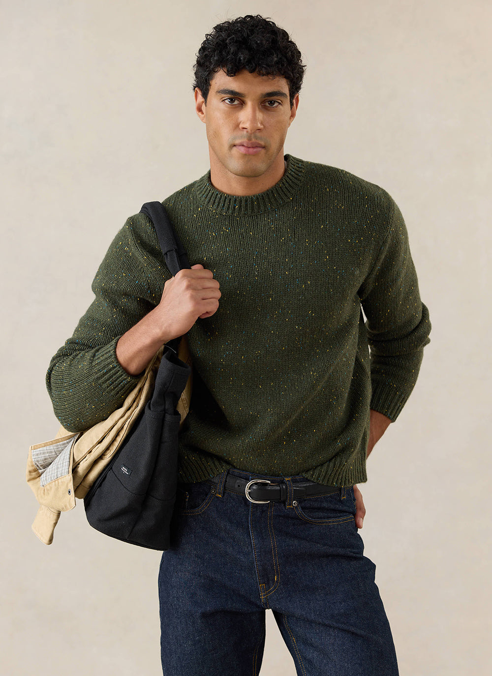 Men's Forest Green Crew Neck Jumper - Rhodes - Cotton - Percival
