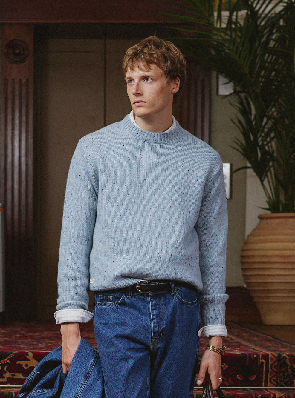 Men's Donegal Crew Neck Jumper: Rhodes - Blue - Cotton - Percival