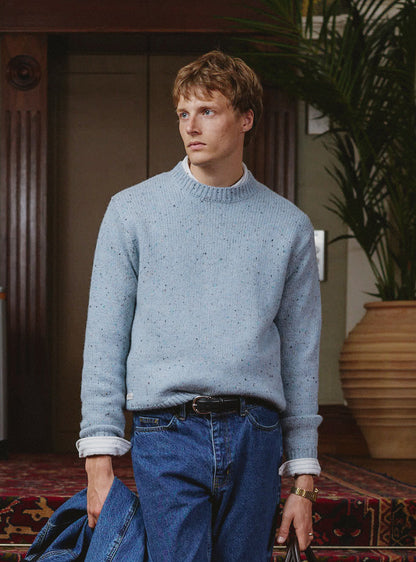 Men's Donegal Crew Neck Jumper: Rhodes - Blue - Cotton - Percival