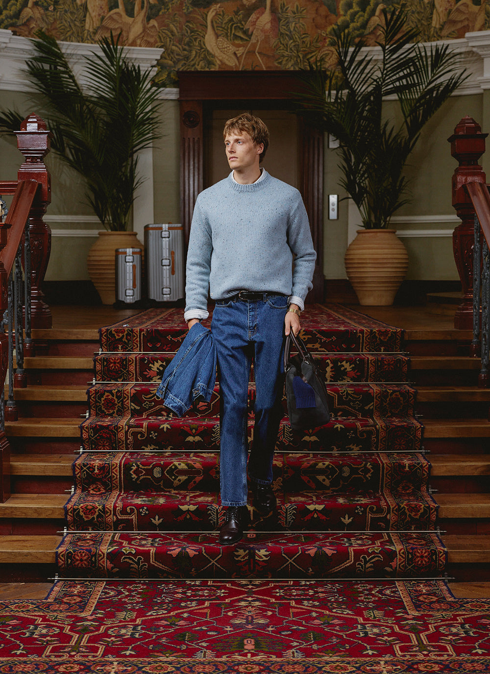 Men's Donegal Crew Neck Jumper: Rhodes - Blue - Cotton - Percival