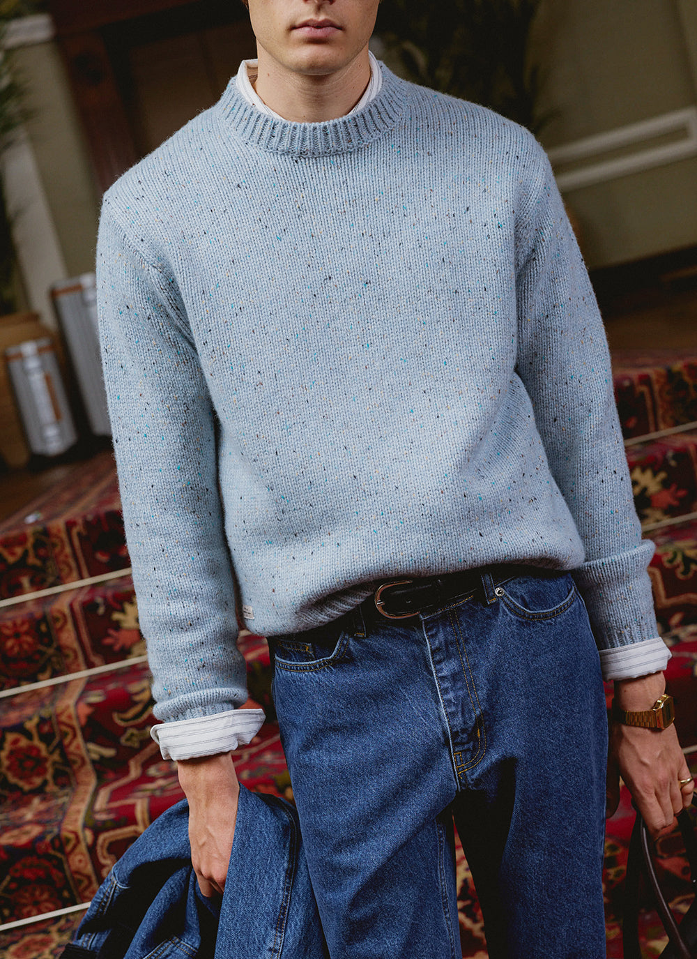 Men's Donegal Crew Neck Jumper: Rhodes - Blue - Cotton - Percival