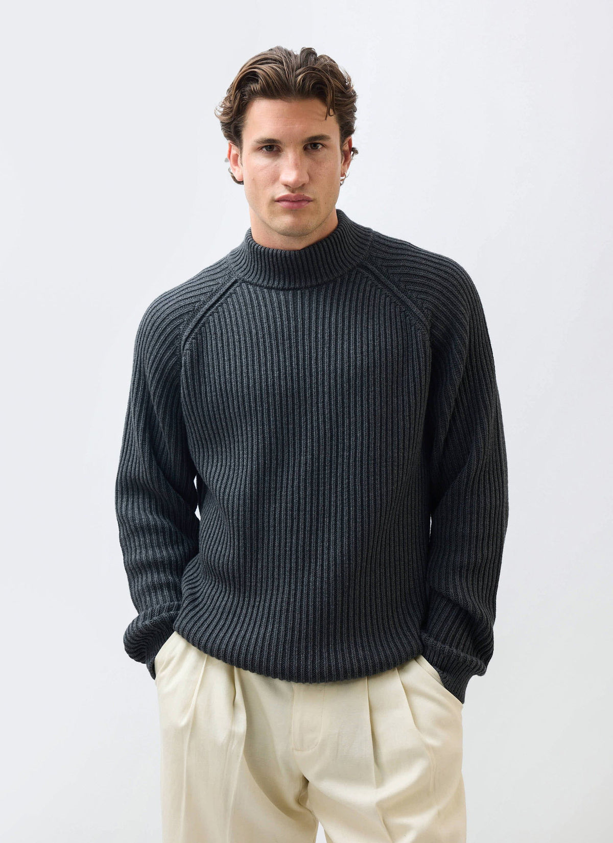 Men's Library Turtle Neck Jumper - Cotton - Charcoal
