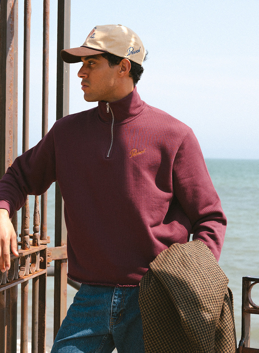 Conrad Funnel Neck 1/4 Zip Jumper - Burgundy Cotton - Percival