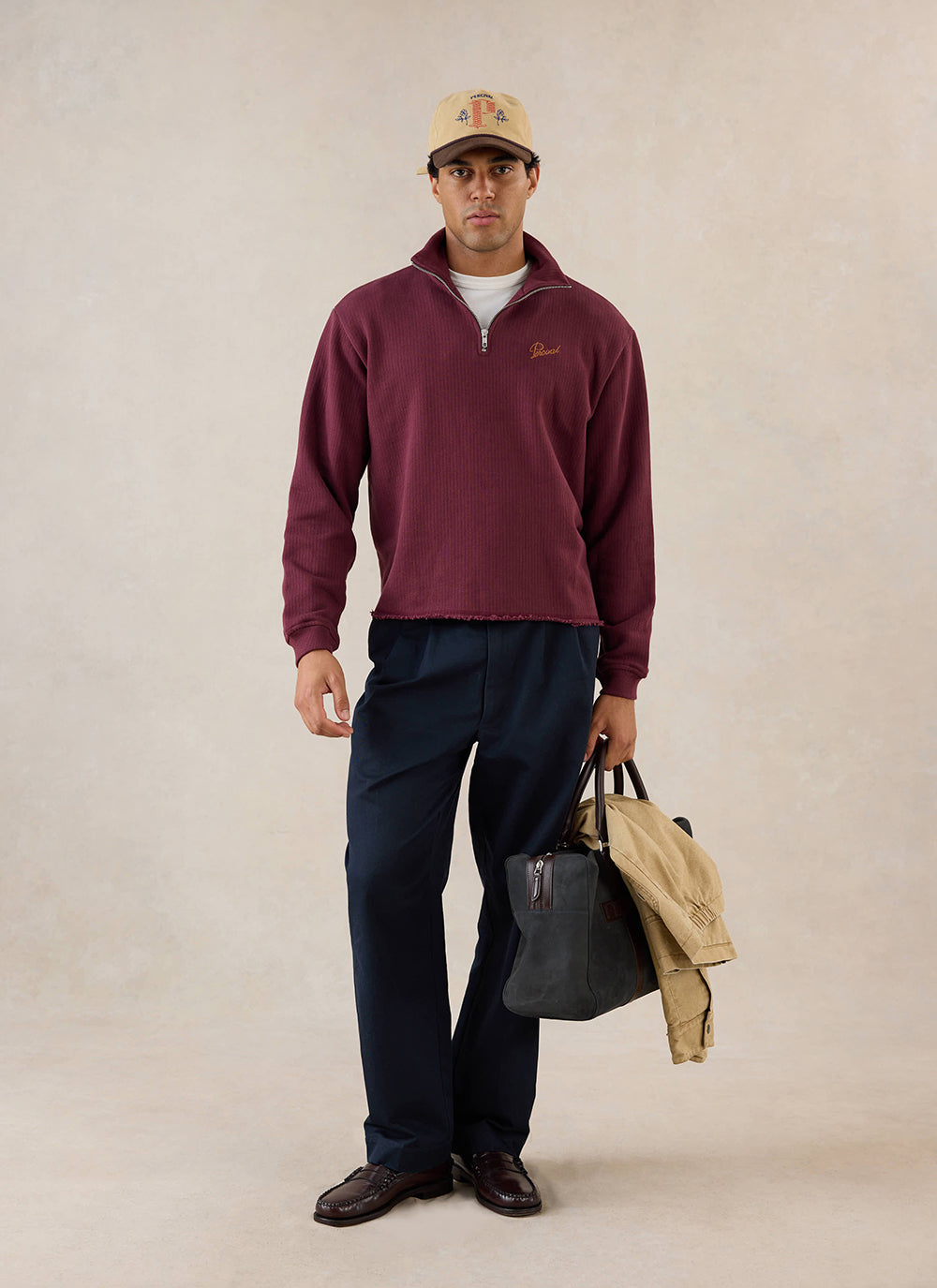 Conrad Funnel Neck 1/4 Zip Jumper - Burgundy Cotton - Percival
