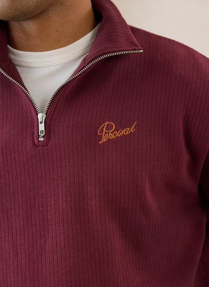 Conrad Funnel Neck 1/4 Zip Jumper - Burgundy Cotton - Percival